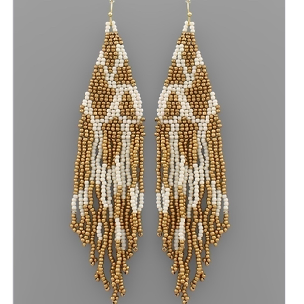 Seed bead triangle tassel earrings ivory & gold